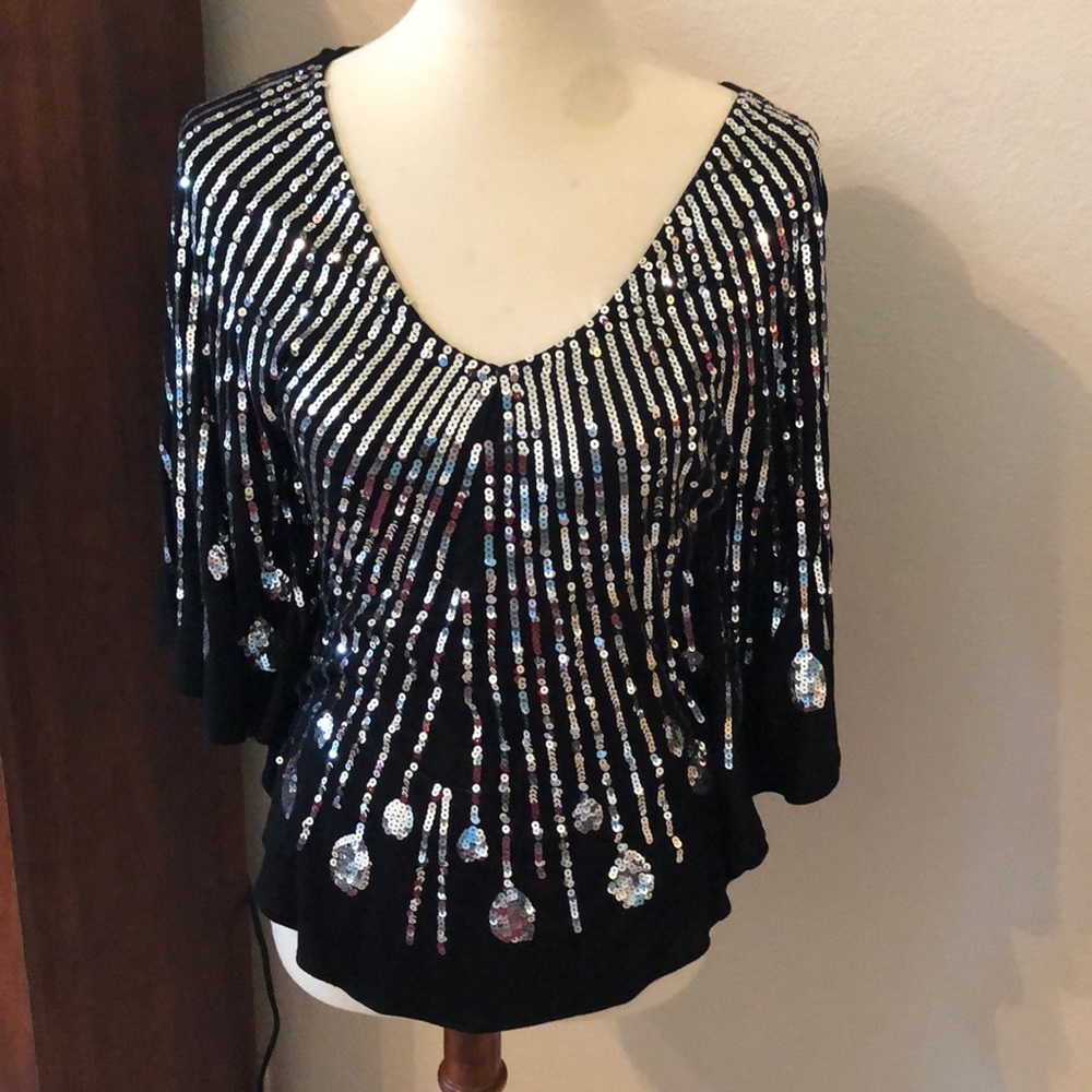 Sparkly, Fun SKY Sequined Black Stretch Blouse